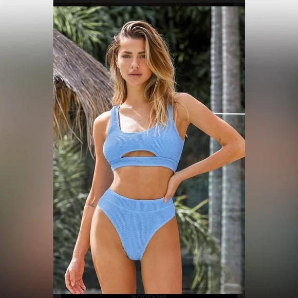 Cupshe Sky Blue Textured Cutout Top & Cheeky High Waist Bikini Set - Picture 3 of 4